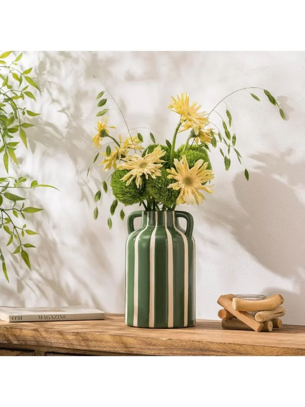 Modern Farmhouse Striped Ceramic Vase with Handles, 9.1